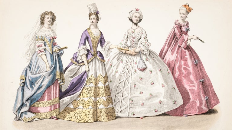 An illustration of 4 dresses dating from 1889